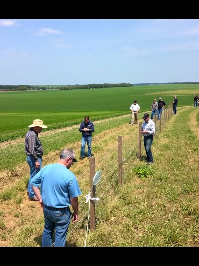 A photograph illustrating A.C.C.A DE PAULHAC members working with local farmers to implement strategies for mitigating agricultural damage caused by wildlife, such as installing fencing and using deterrents.