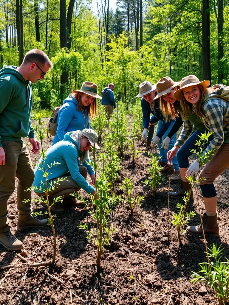 A photograph depicting volunteers participating in a habitat restoration project, planting native trees and shrubs in a deforested area, showcasing A.C.C.A DE PAULHAC's commitment to environmental conservation.