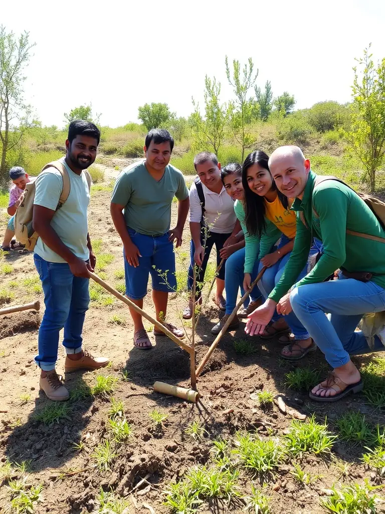 A photograph depicting a group of A.C.C.A DE PAULHAC members participating in a habitat restoration project, planting trees in a deforested area to promote ecological balance.