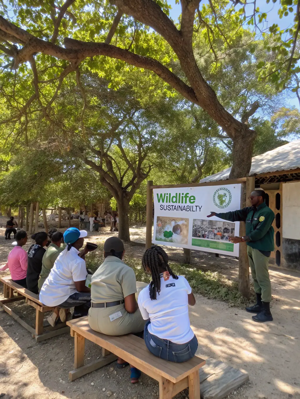 A photograph of a community workshop where A.C.C.A DE PAULHAC members are educating local residents about responsible hunting practices and wildlife conservation.