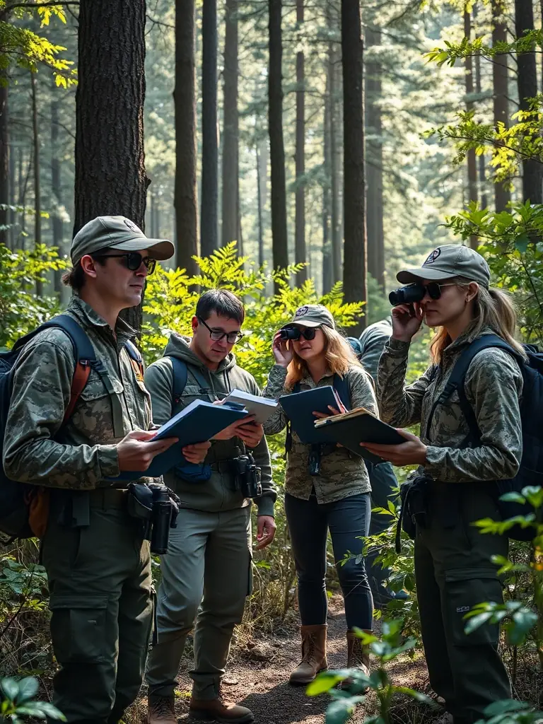A photograph showing a wildlife monitoring team tracking animal populations in their natural habitat, representing A.C.C.A DE PAULHAC's species monitoring program.