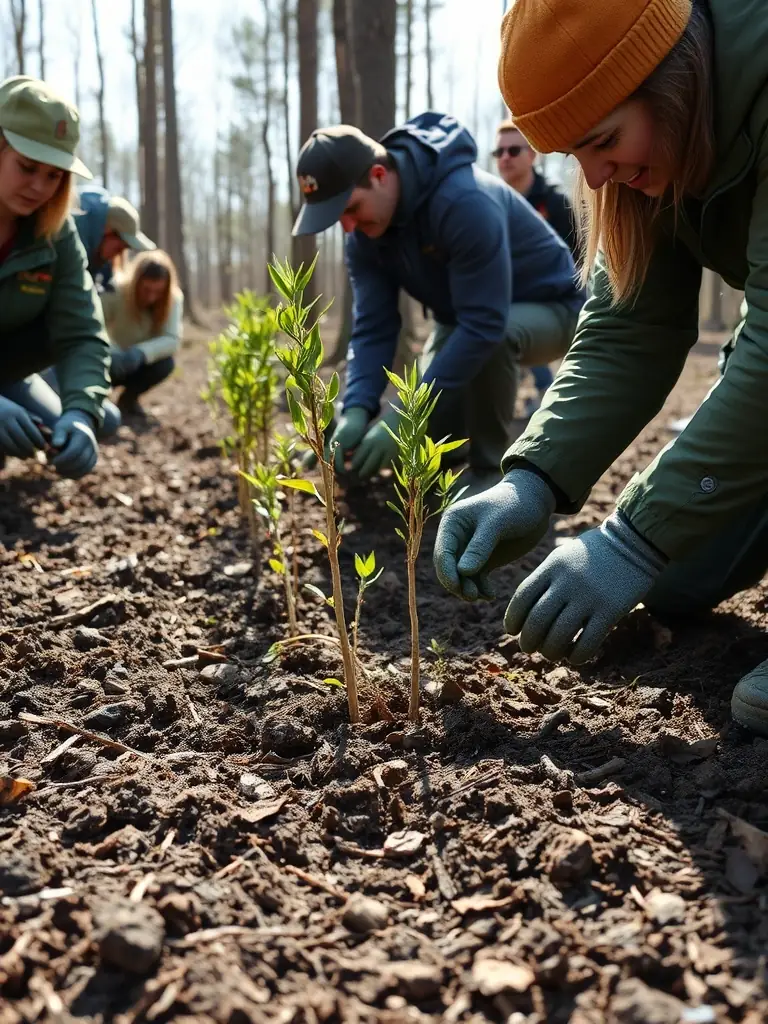 A photograph depicting volunteers planting trees in a deforested area, symbolizing habitat restoration efforts by A.C.C.A DE PAULHAC.