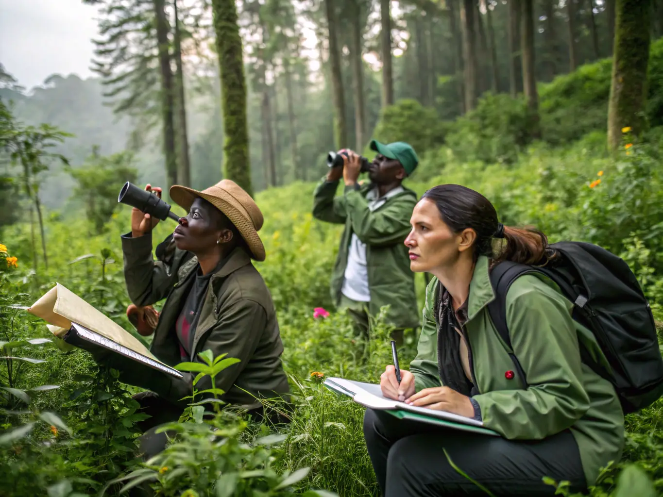 An image of researchers monitoring wildlife populations in their natural habitat, using scientific methods to track species distribution and abundance.