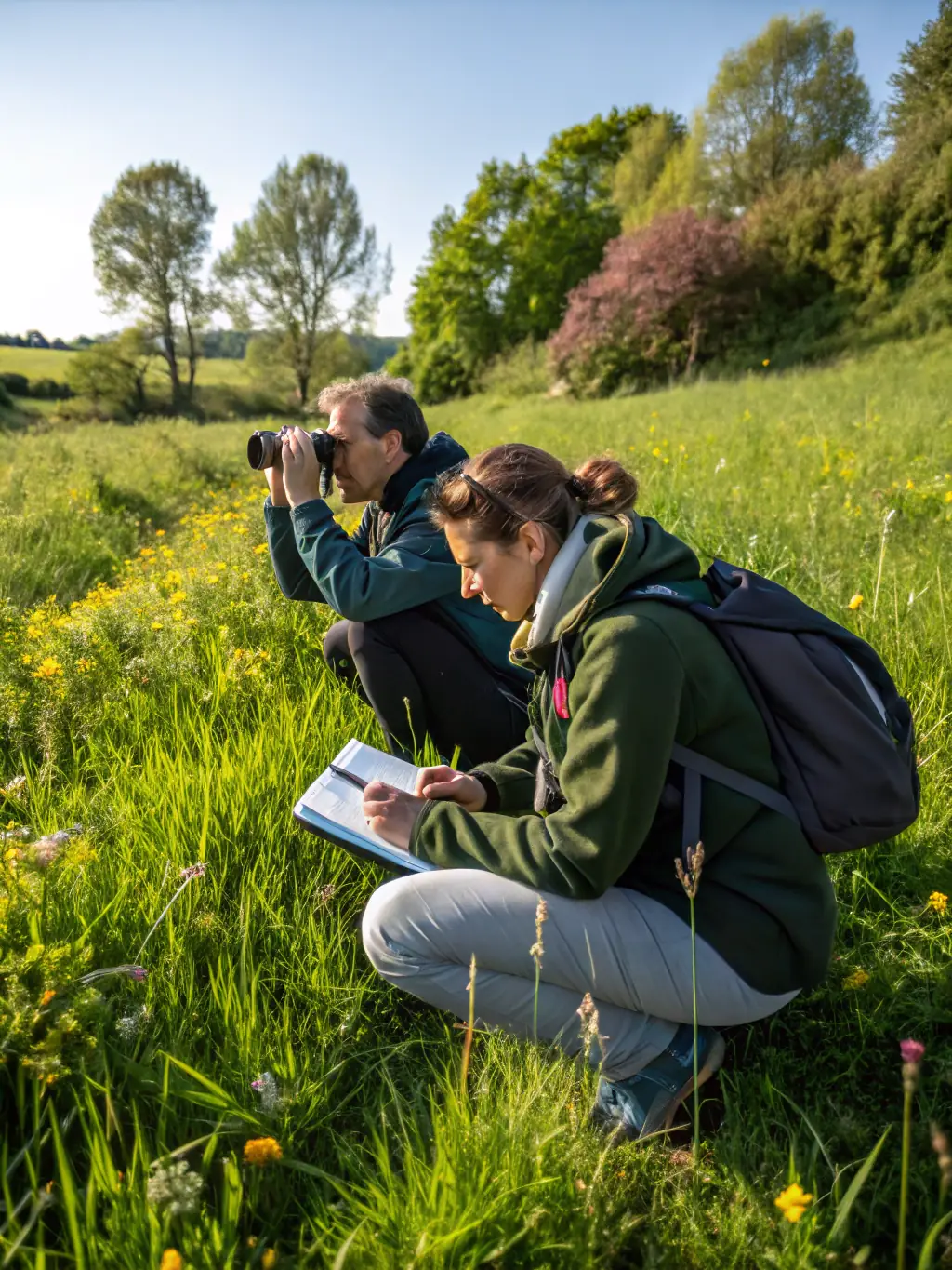 A photograph showing A.C.C.A DE PAULHAC members conducting a wildlife survey, using binoculars and tracking equipment to monitor animal populations and assess ecosystem health.