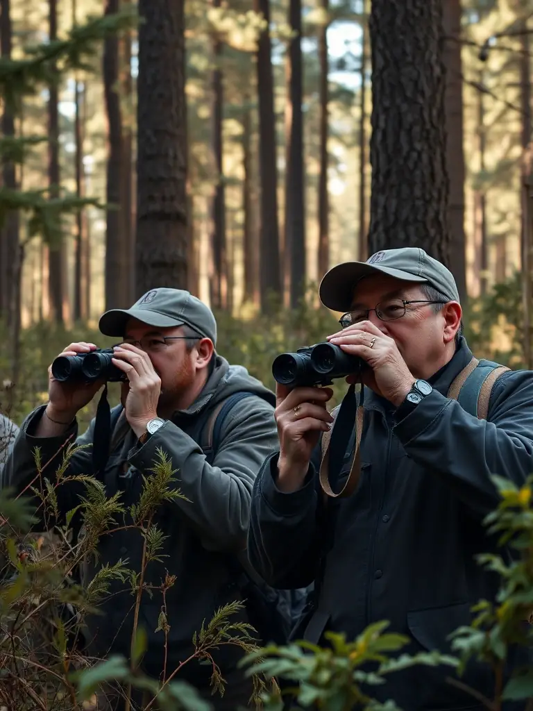 A photograph showcasing A.C.C.A DE PAULHAC members conducting a wildlife census, using binoculars and tracking devices to monitor animal populations in their natural habitat.