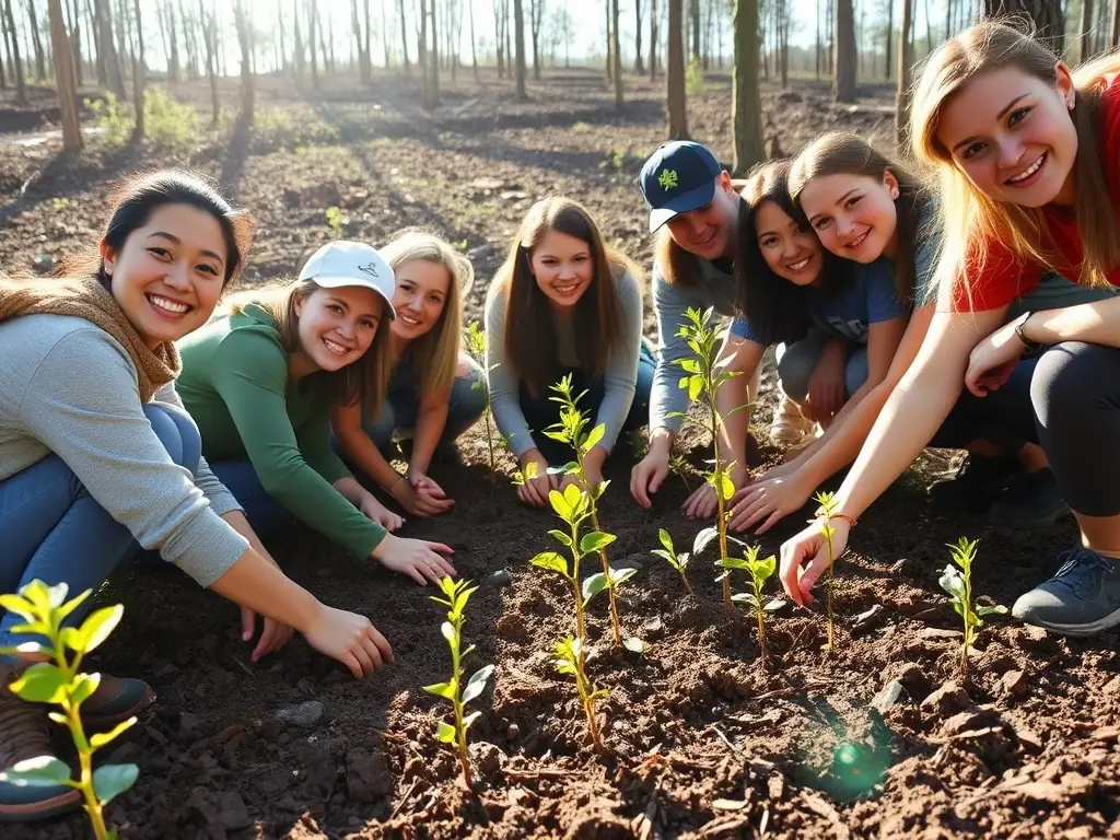 An image of a group of volunteers planting trees in a deforested area, symbolizing habitat restoration and community involvement in conservation efforts.